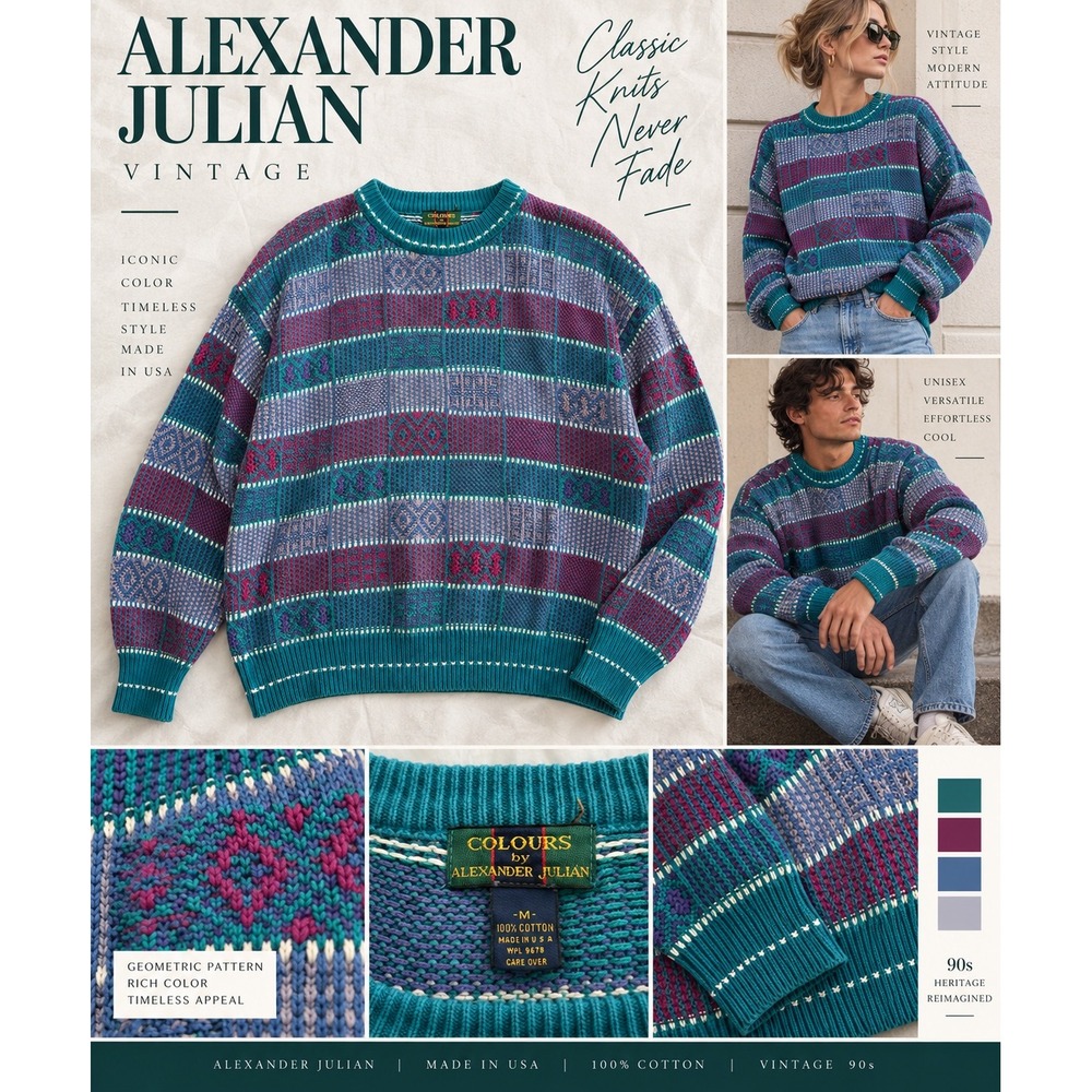 Vintage Alexander Julian M Grandpa Sweater 90s Geometric Cotton Made USA